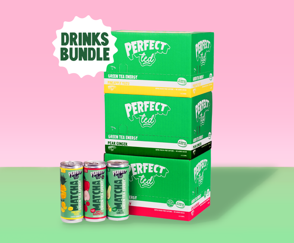 Three boxes of PerfectTed drinks with one of each can stood in front of it with 'Drinks Bundle' written above it