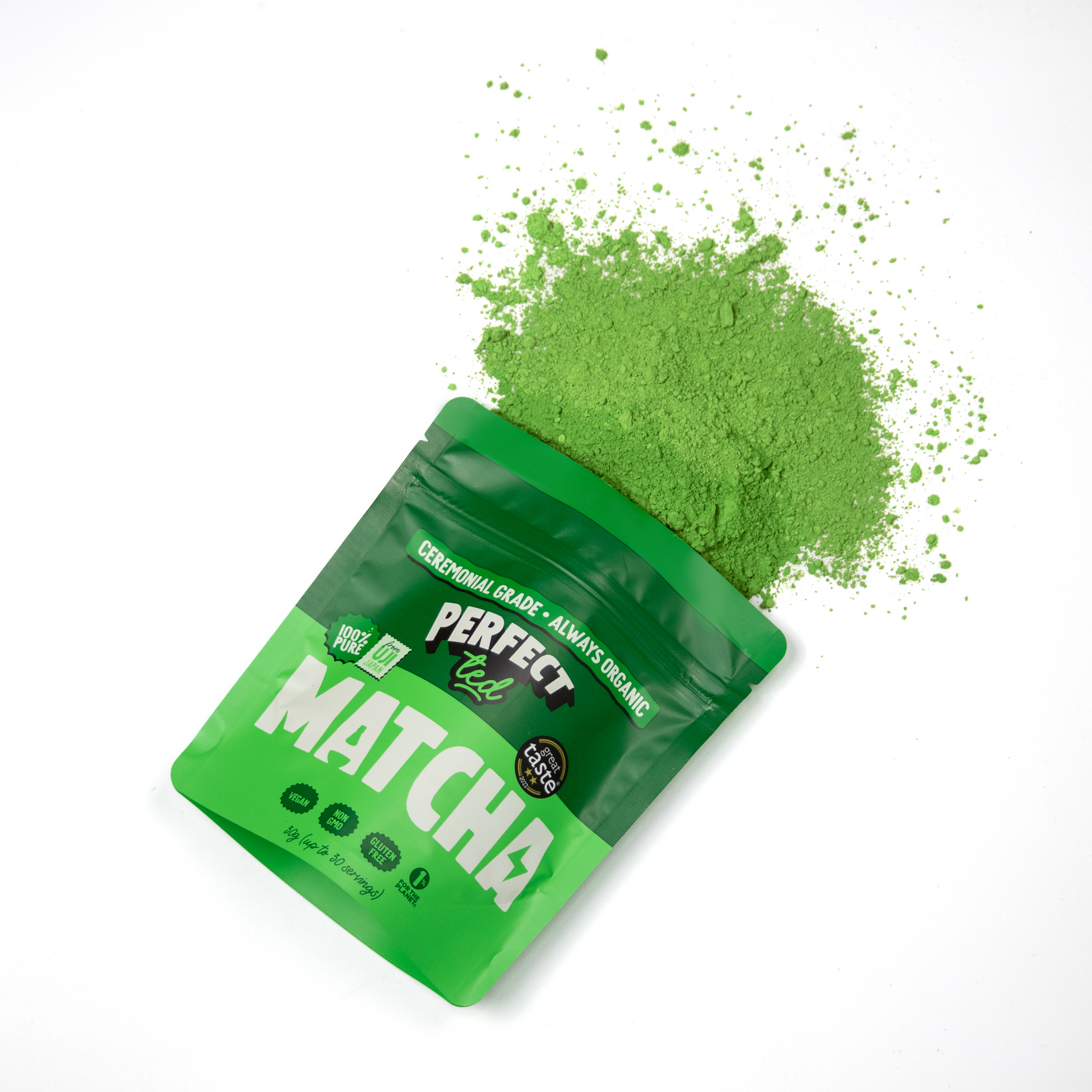 Perfect Ted Pack of 30g matcha green tea laying down with matcha powder spilling out.