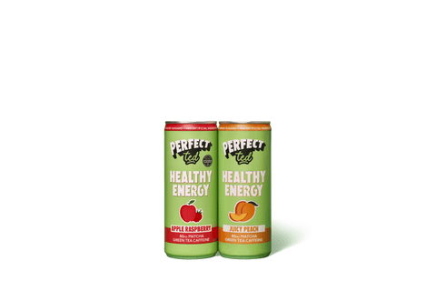 Two cans of Perfect Ted Matcha Healthy Energy drinks on a black background