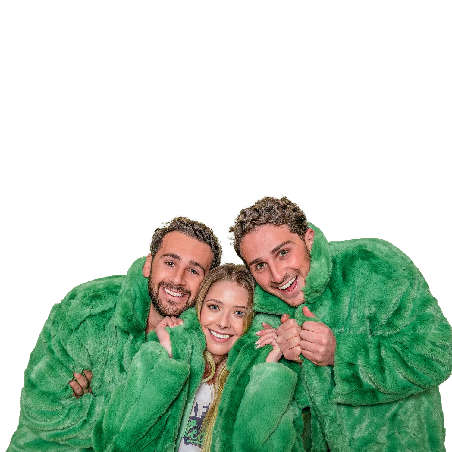 Levi, Marisa and Teddie dressed in bright green fluffy coats smiling together