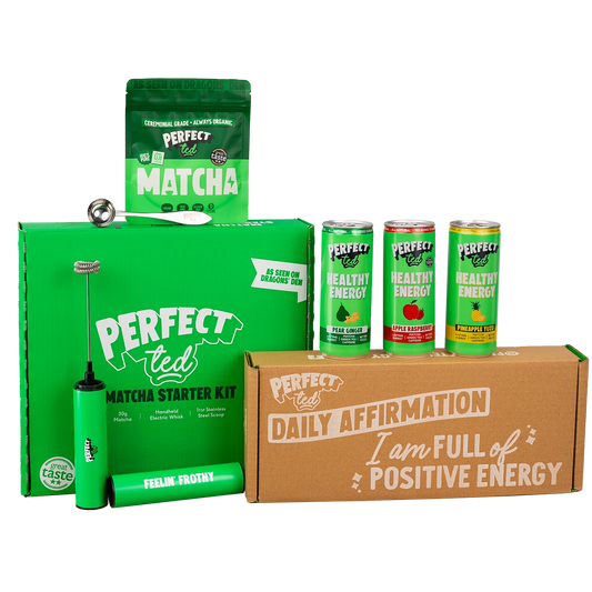 Perfect Ted Bundle with Matcha powder, natural energy drinks, matcha whisk and spoon