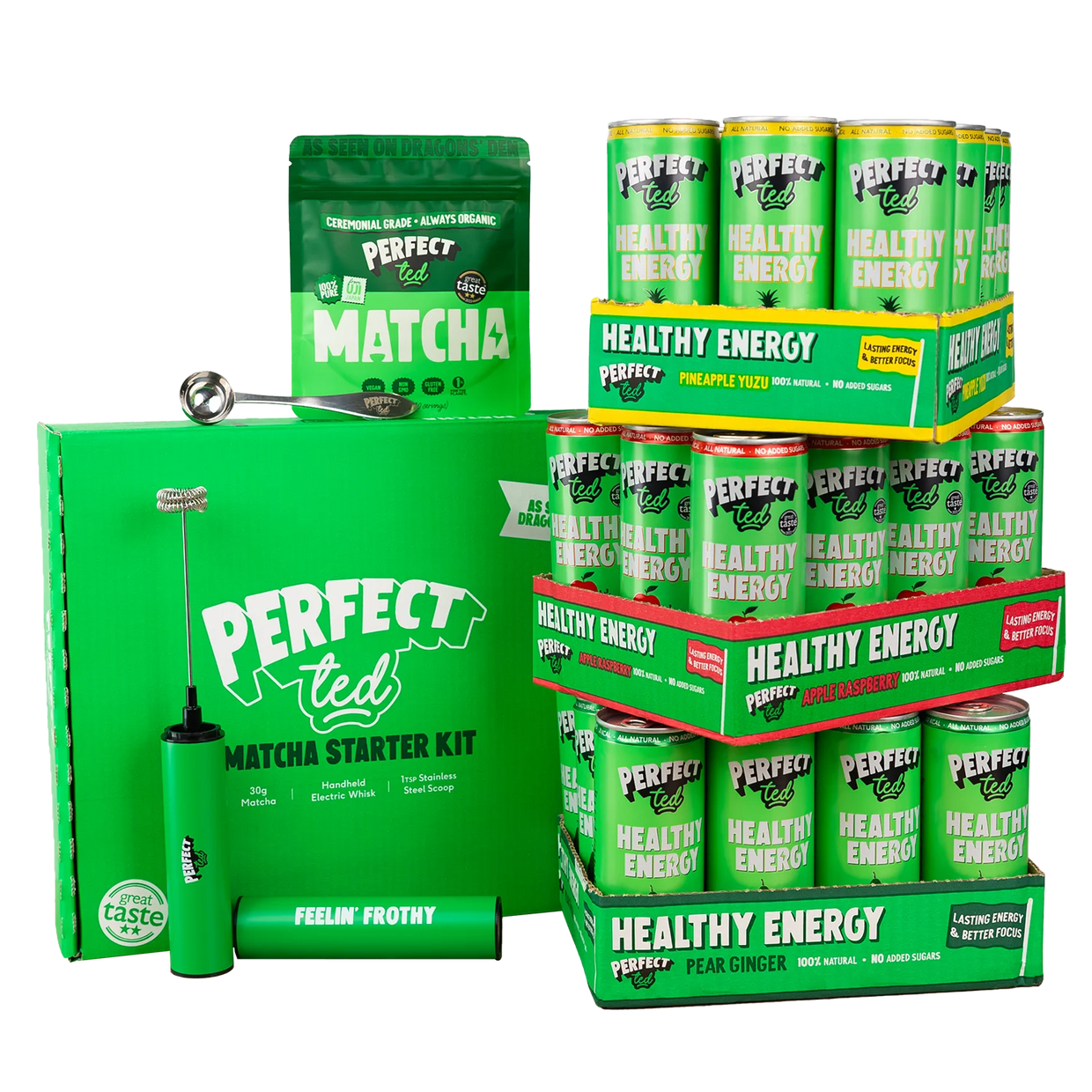 Our modern matcha starter kit and 12 pack of each flavour of energy drink