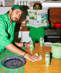 Pear ginger cans on the table with green cake 