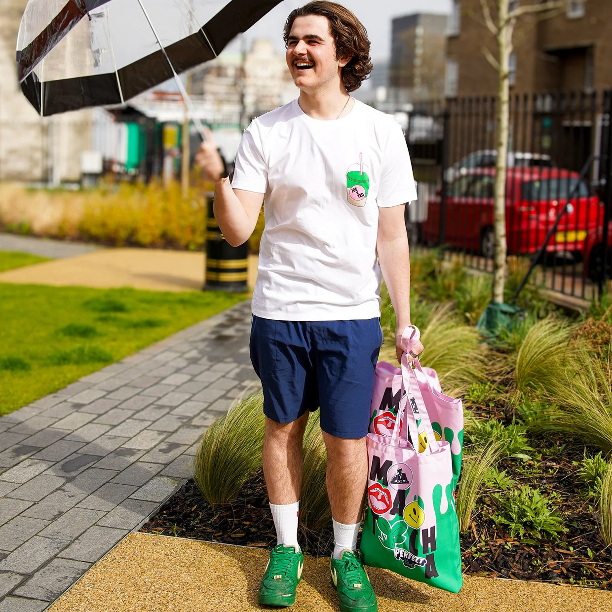 Max walking outside with our durable tote bags