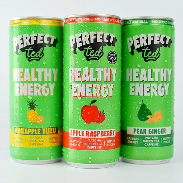 Trio of dewy Perfectted Energy drinks lined up 