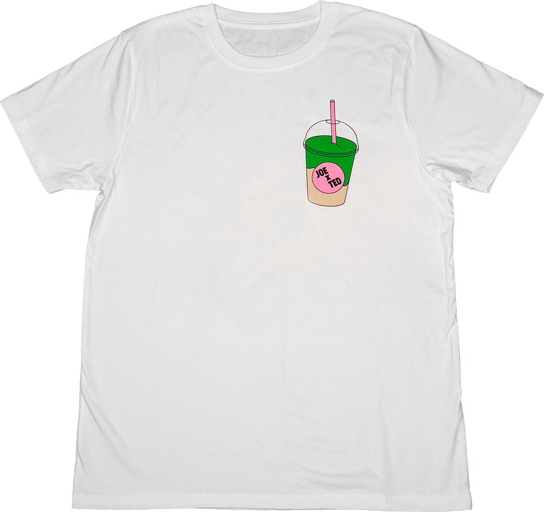 Graphic white t-shirt with Joe & the Juice matcha latte illustration