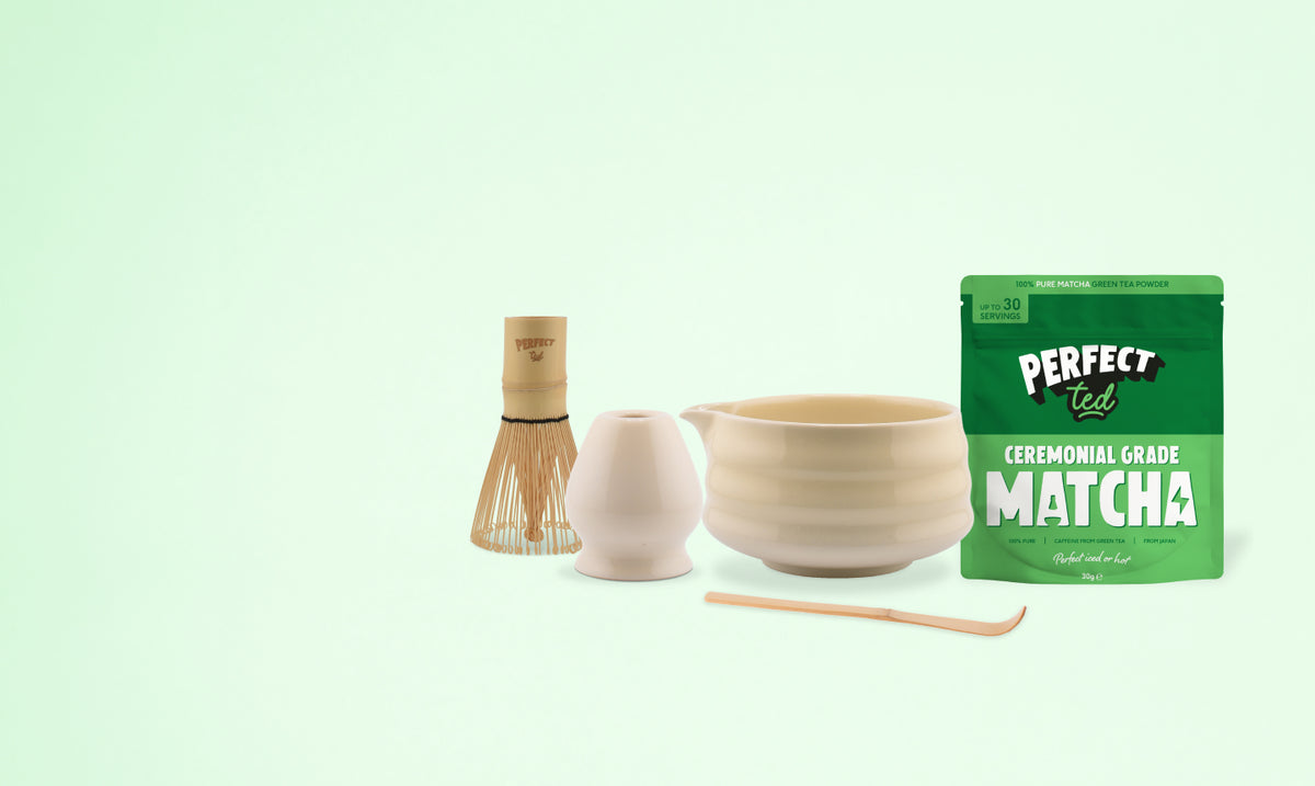 a bowl and a bag of matcha tea