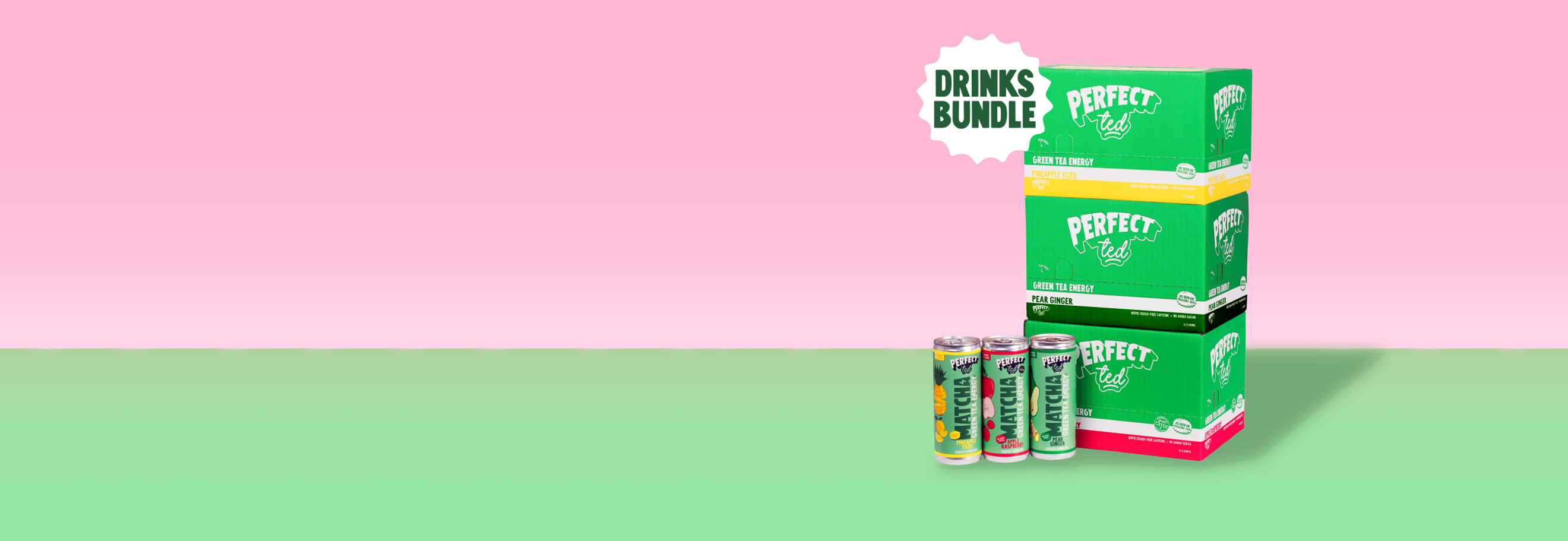 Three boxes of PerfectTed drinks with one of each can stood in front of it with 'Drinks Bundle' written above it
