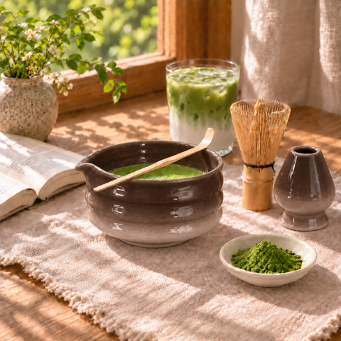 a bowl of green tea with a spoon and a glass of green tea