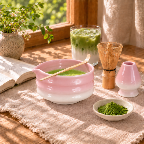 a bowl of green tea with a spoon next to a glass of green tea